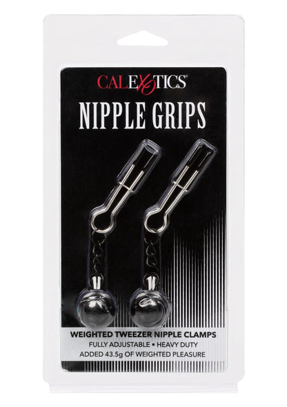 Verpakking met CalExotics Nipple Grips: twee gewogen nippelklemmen