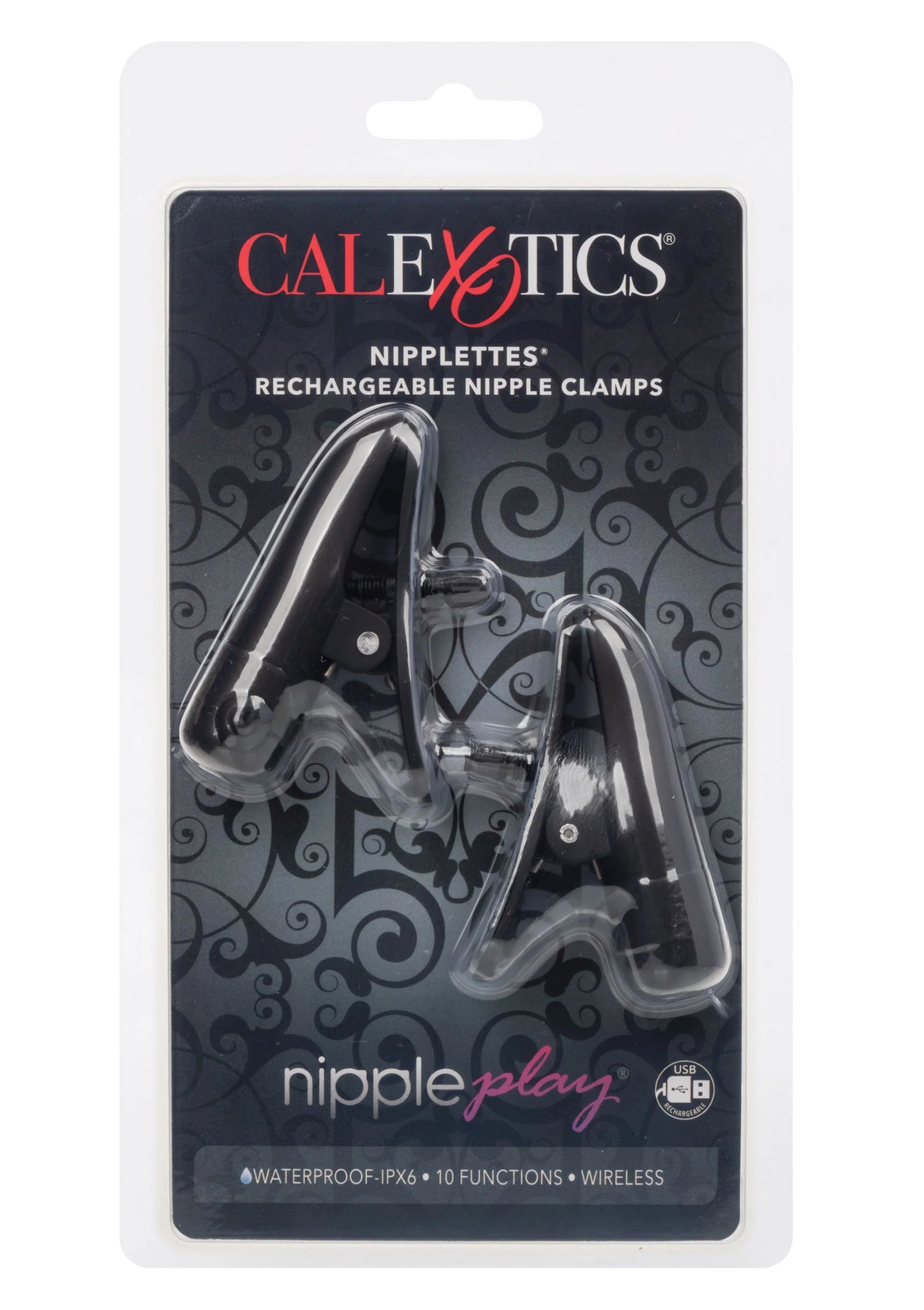 Verpakte CalExotics Nipplettes tepelklemmen, oplaadbaar, zwart met zilverkleurige onderdelen
