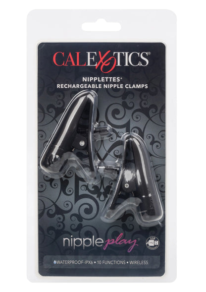 Verpakte CalExotics Nipplettes tepelklemmen, oplaadbaar, zwart met zilverkleurige onderdelen