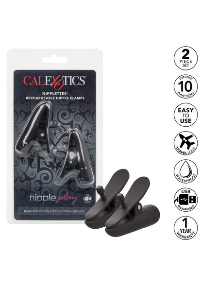 CalExotics Nipplettes tepelklemmenverpakking met zwarte oplaadbare klemmen en iconen