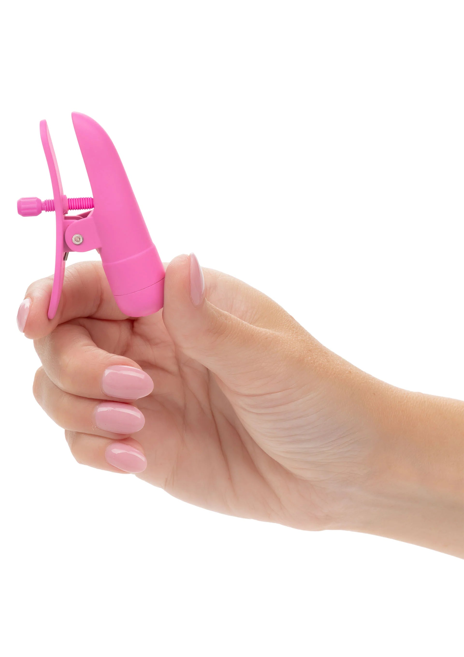 CalExotics tepelklemmen, roze klem vastgehouden in hand
