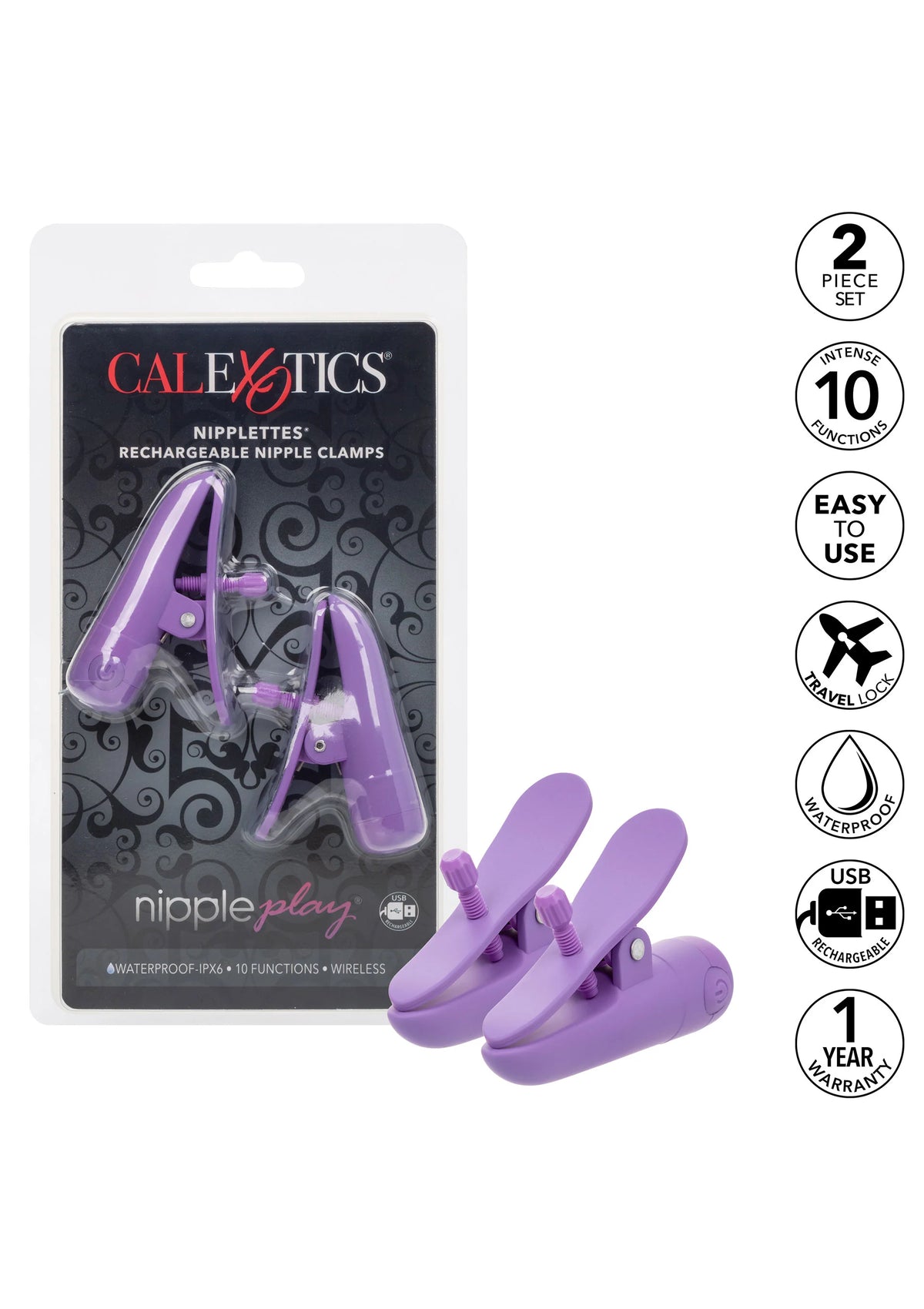 CalExotics tepelklemmen, paarse set met twee klemmen in verpakking