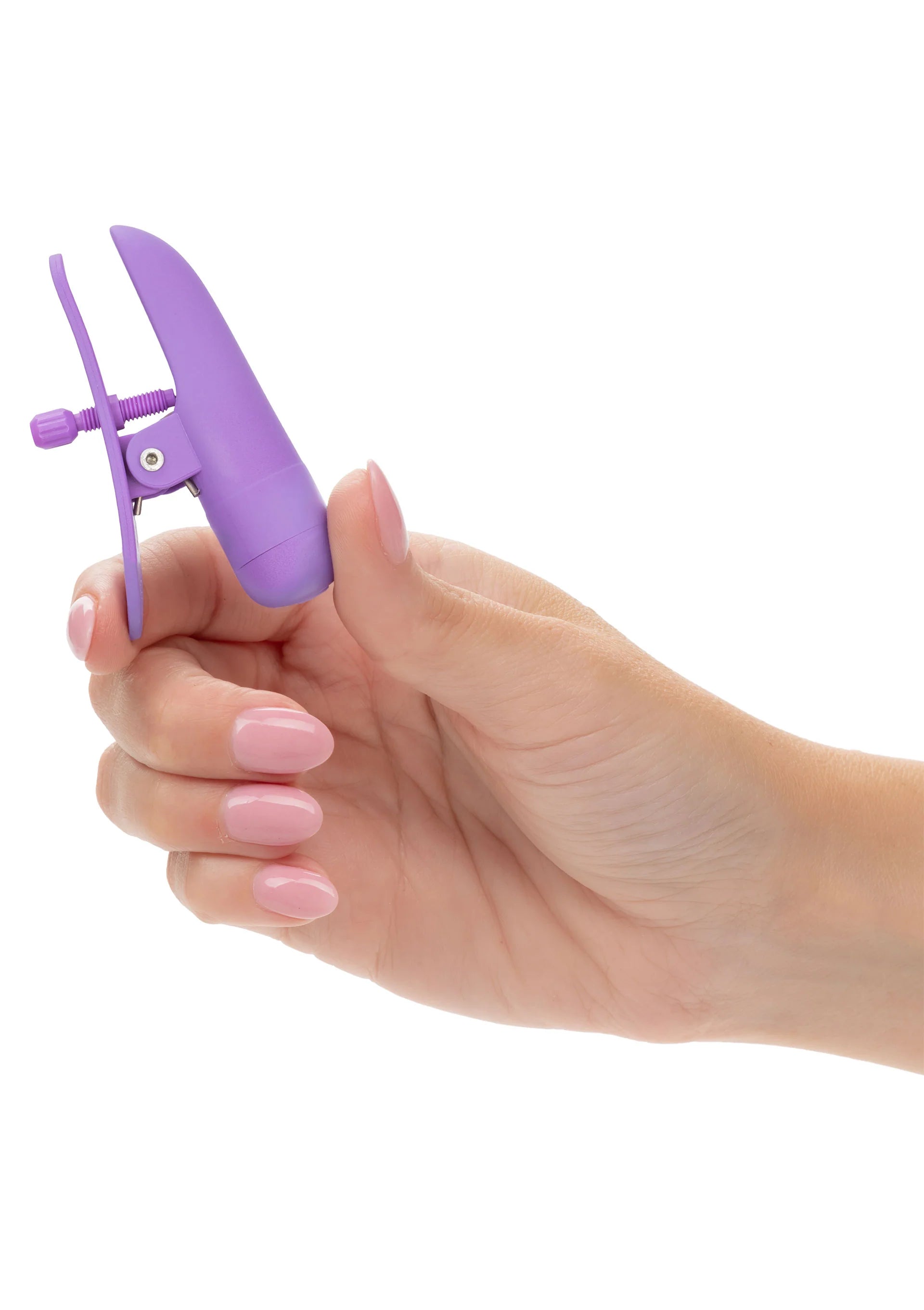 CalExotics tepelklemmen, paarse klem vastgehouden in hand