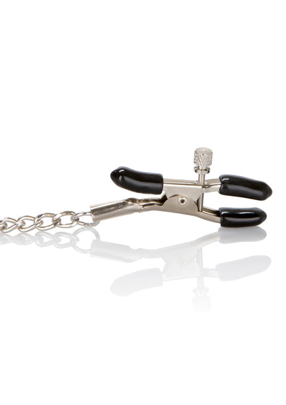 Tepelklemmenset met zwarte klemmen en zilveren ketting, liggend