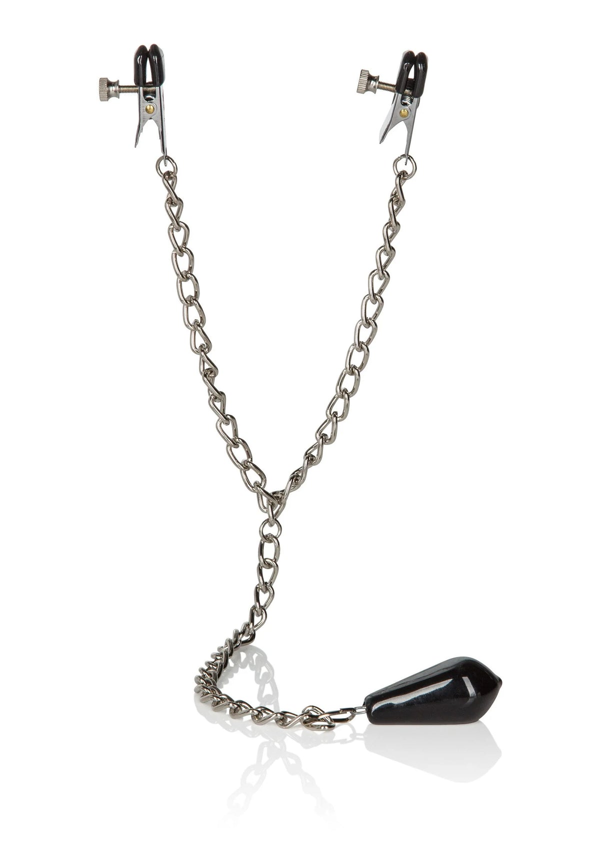 Gewogen tepelklemmen set: twee metalen klemmen, zilverkleurige ketting en zwart druppelgewicht.