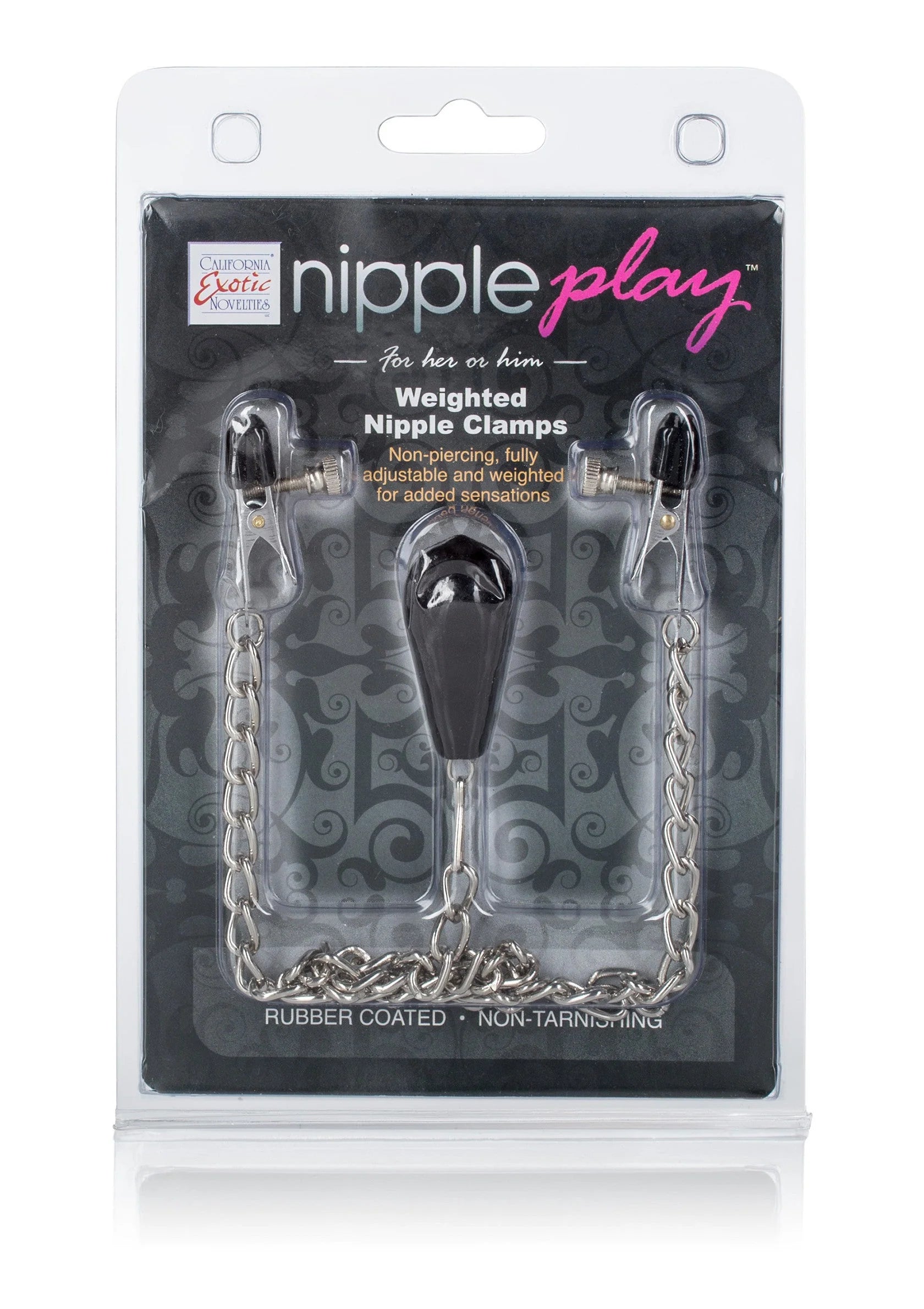 CalExotics nippleplay gewogen tepelklemmen in blisterverpakking met kettingen en zwarte inzet.