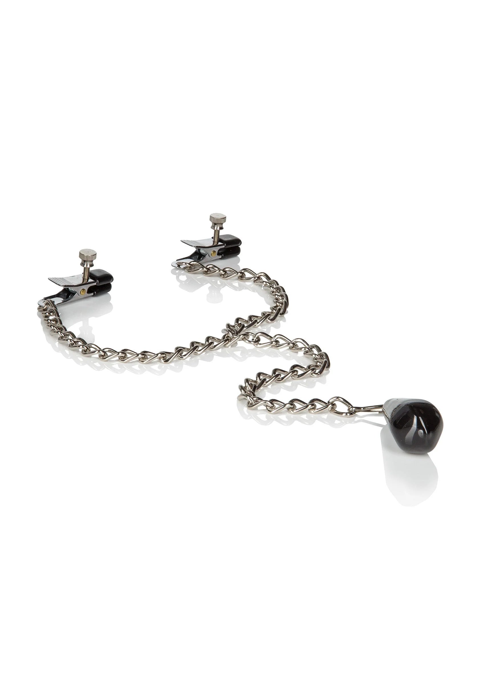 Gewogen tepelklemmen op ketting met twee metalen klemmen en zwart druppelgewicht, los liggend.