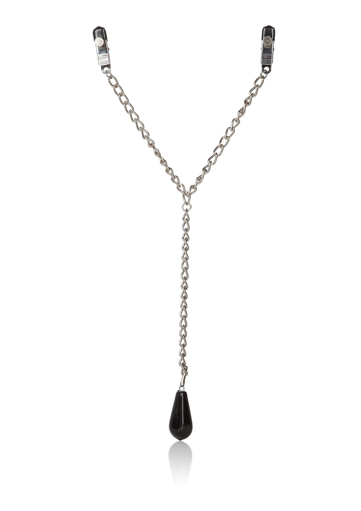 Gewogen tepelklemmen met twee klemmen, zilverkleurige ketting en zwart druppelgewicht aan de ketting.