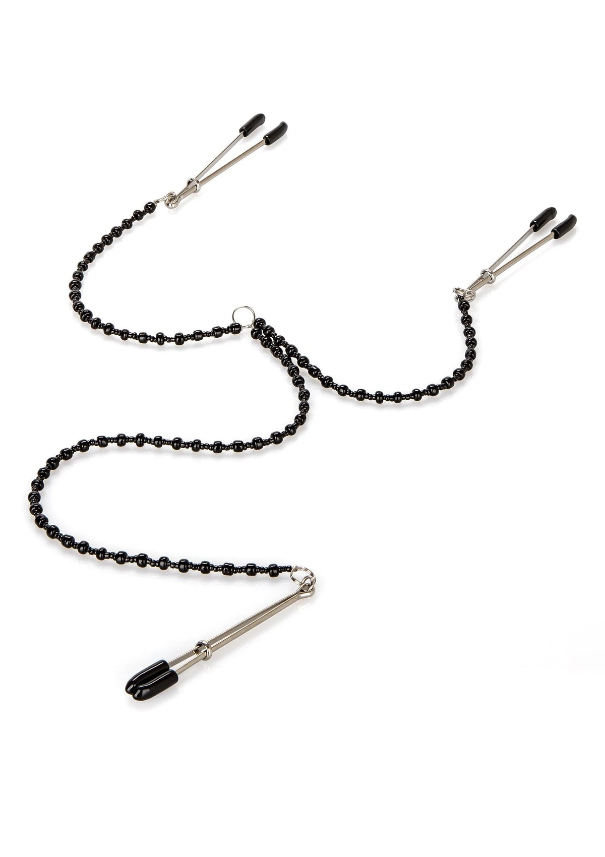 Tepelklemmen met zwarte kralenketting en twee metalen klemlichamen