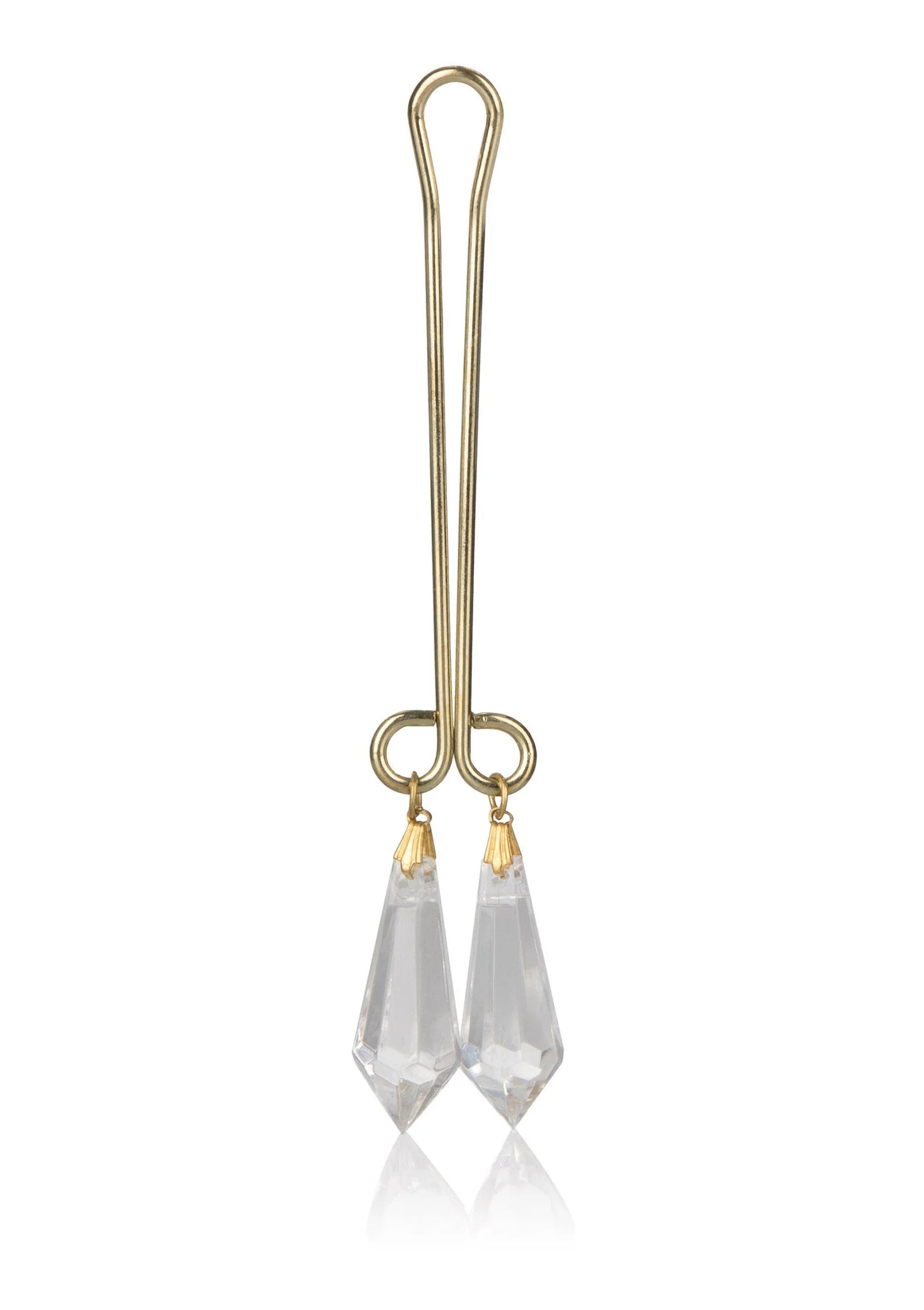 Goudkleurig clitorisjuweel met twee heldere kristallen hangers aan een boogvormige staaf