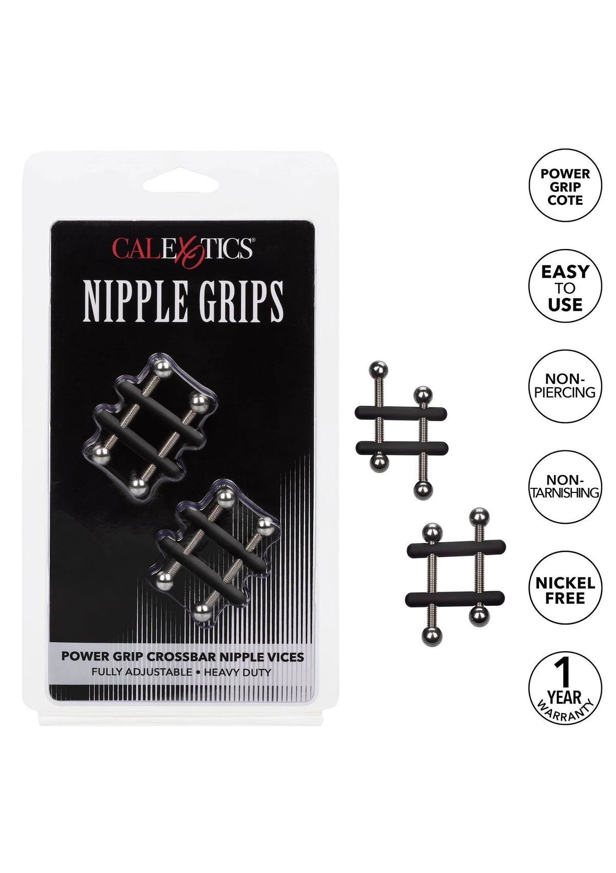 CalExotics Nipple Grips verpakking met producttekening en pijler-icoontjes