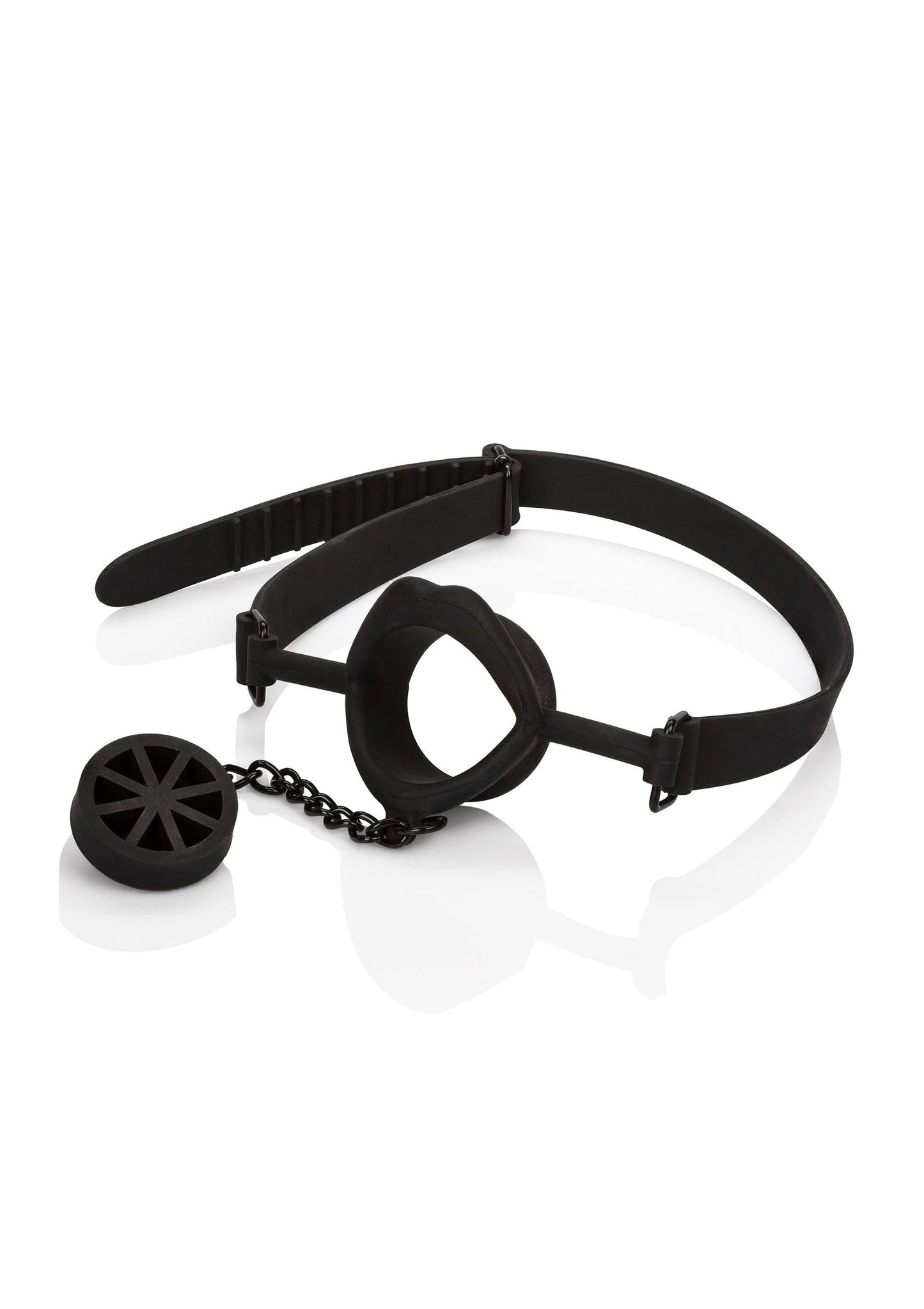 Zwarte keelstopper gag met brede band, ronde stop en schijf met ketting