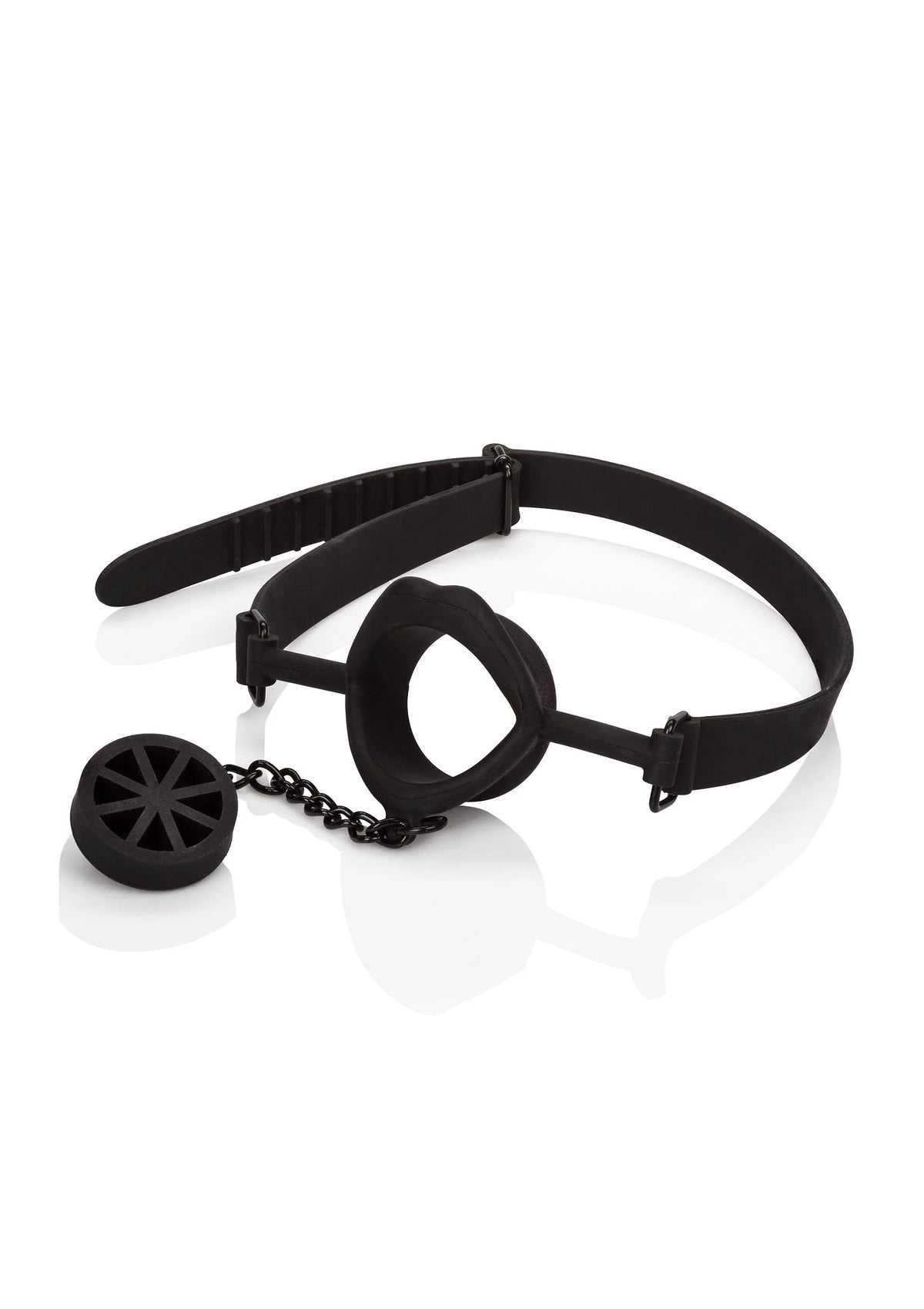 Zwarte keelstopper gag met brede band, ronde stop en schijf met ketting