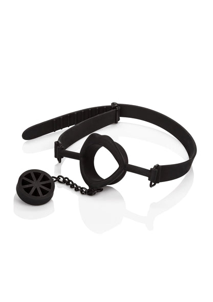 Zwarte keelstopper gag met brede band, ronde stop en schijf met ketting