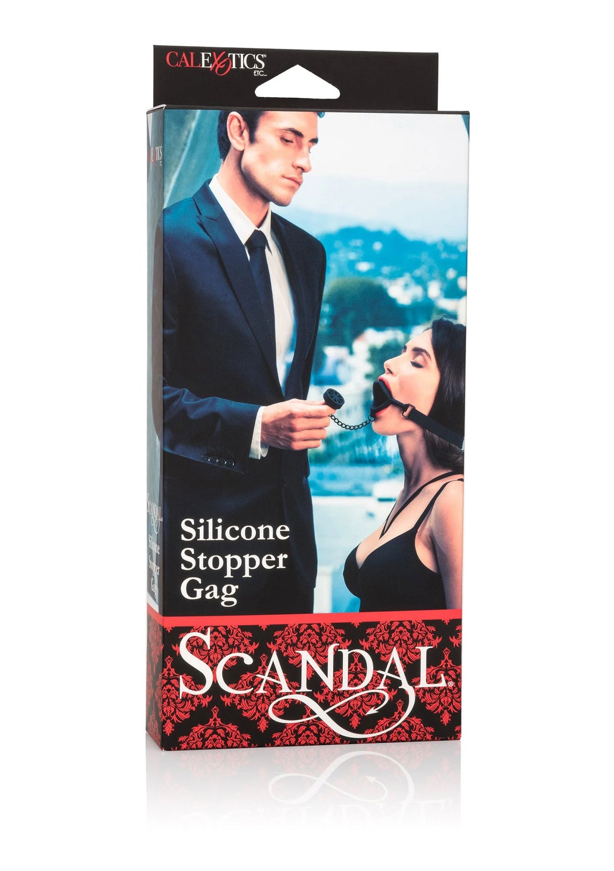 CalExotics Silicone Stopper Gag Scandal doos met man-vrouw illustratie