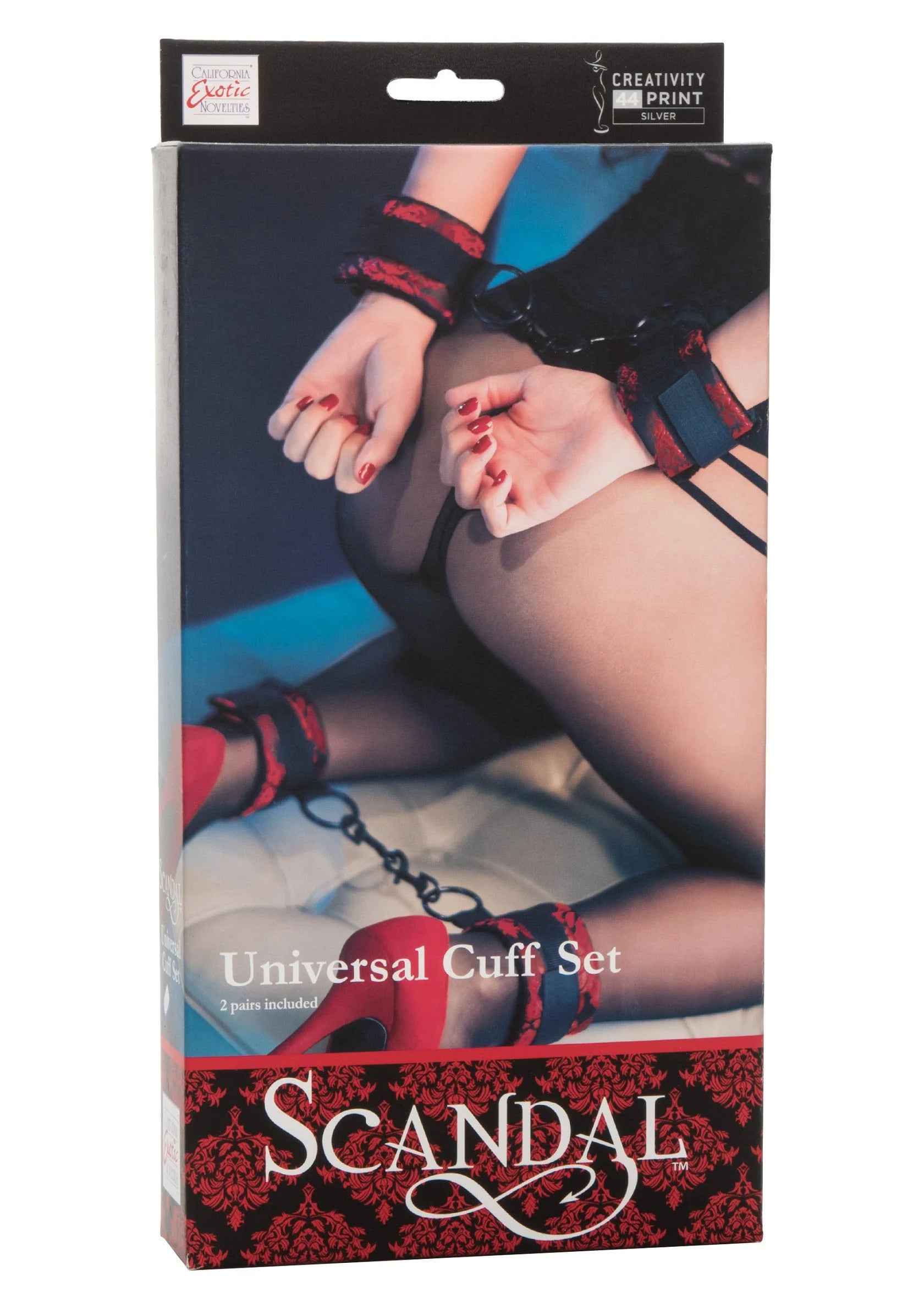 Doosverpakking met opschrift Scandal en universele boeien-set, rode/zwart design