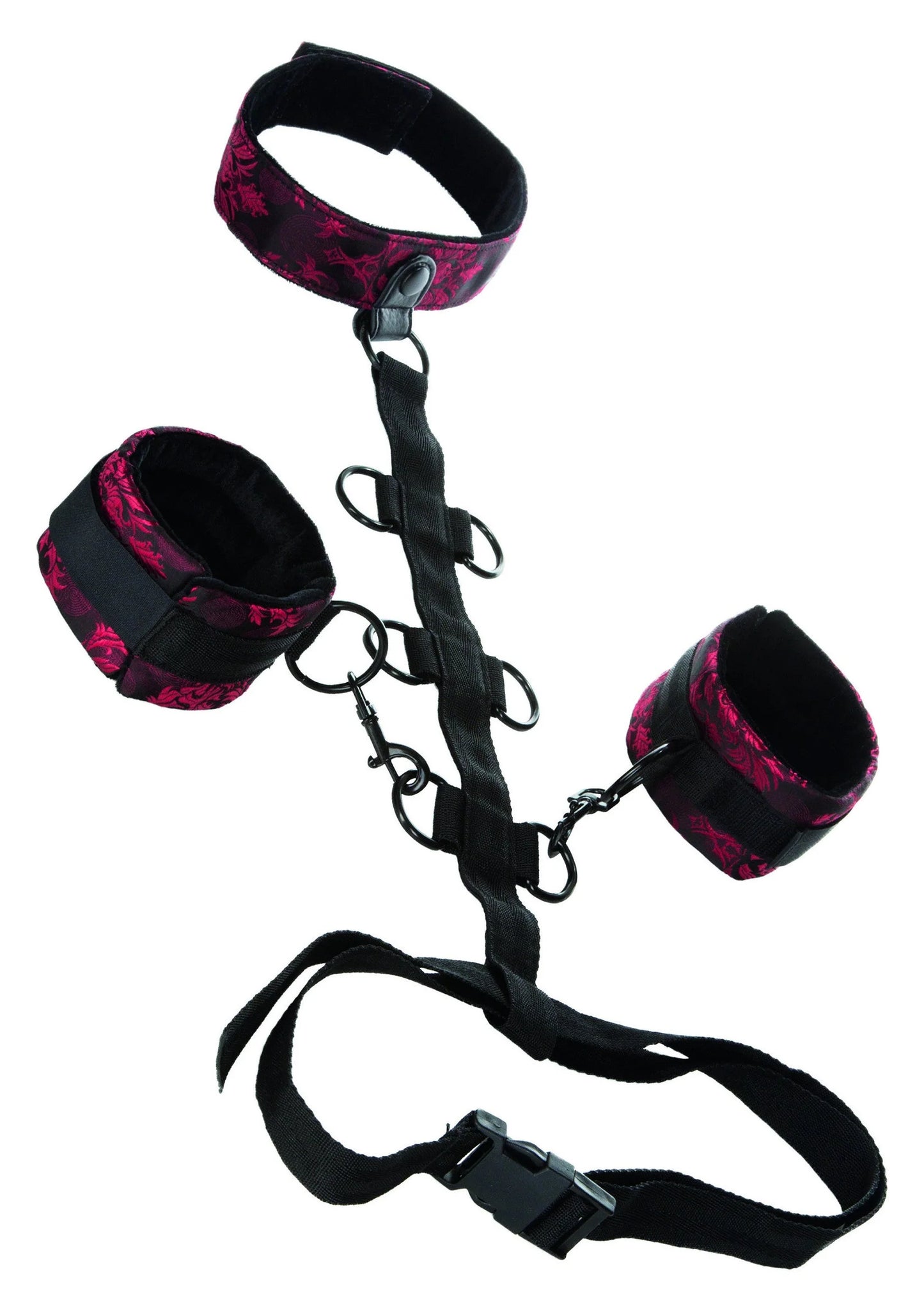 CalExotics kraag-bodyharnas met halsband en handboeien, zwarte stof met roze patroon