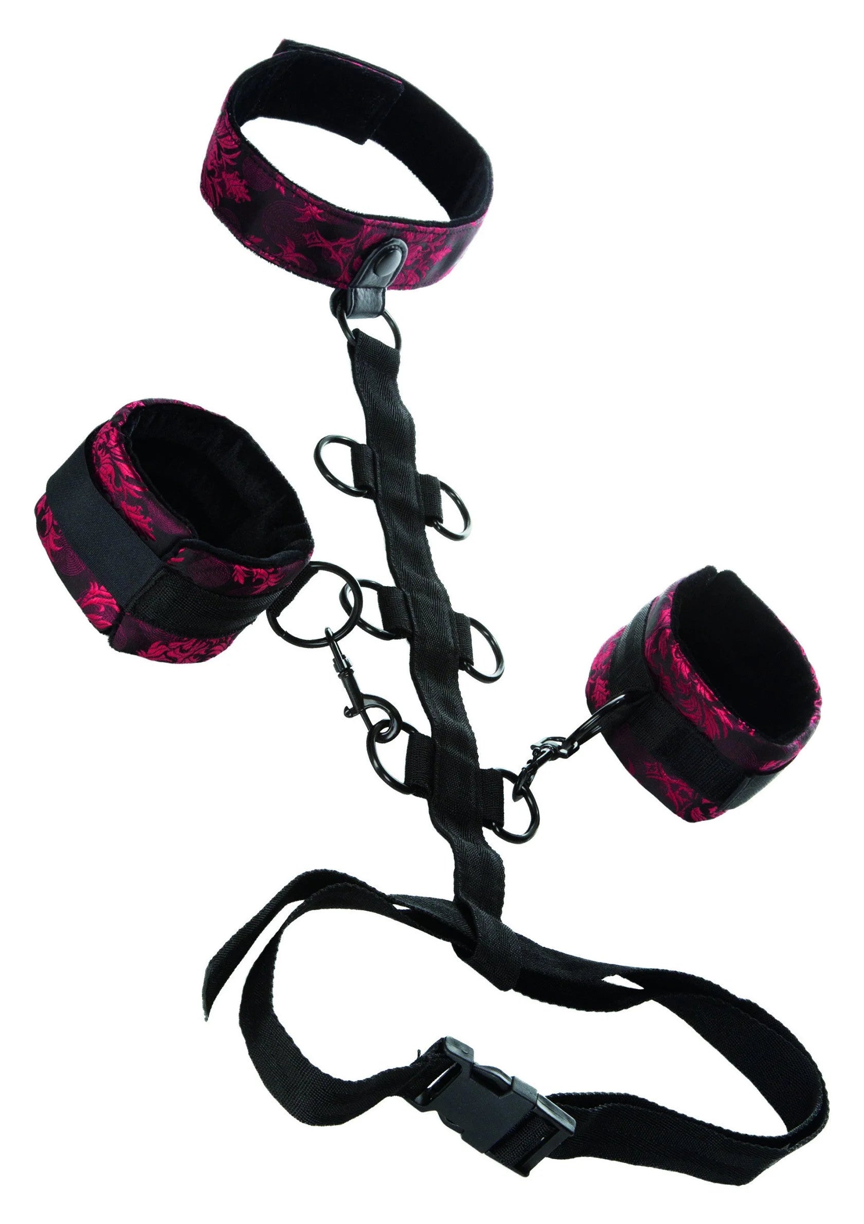 CalExotics kraag-bodyharnas met halsband en handboeien, zwarte stof met roze patroon