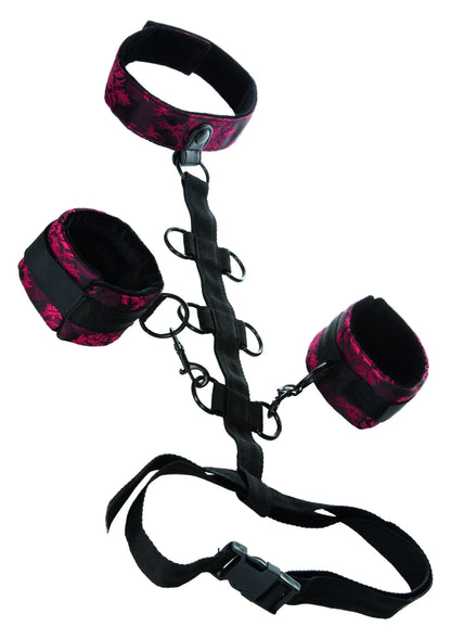 CalExotics kraag-bodyharnas met halsband en handboeien, zwarte stof met roze patroon