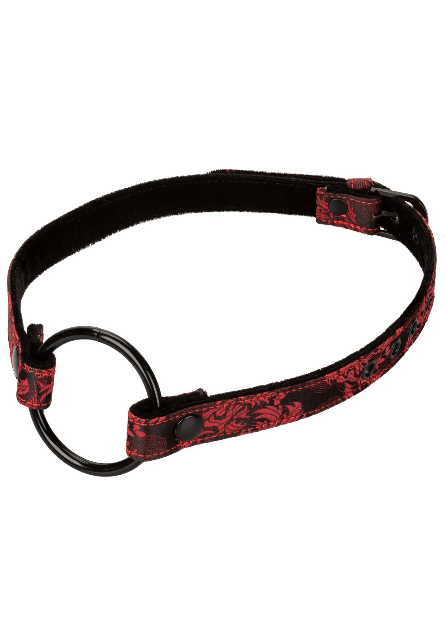 Brede open mond gag met zwart fluwelen band, rood patroon en metalen ring