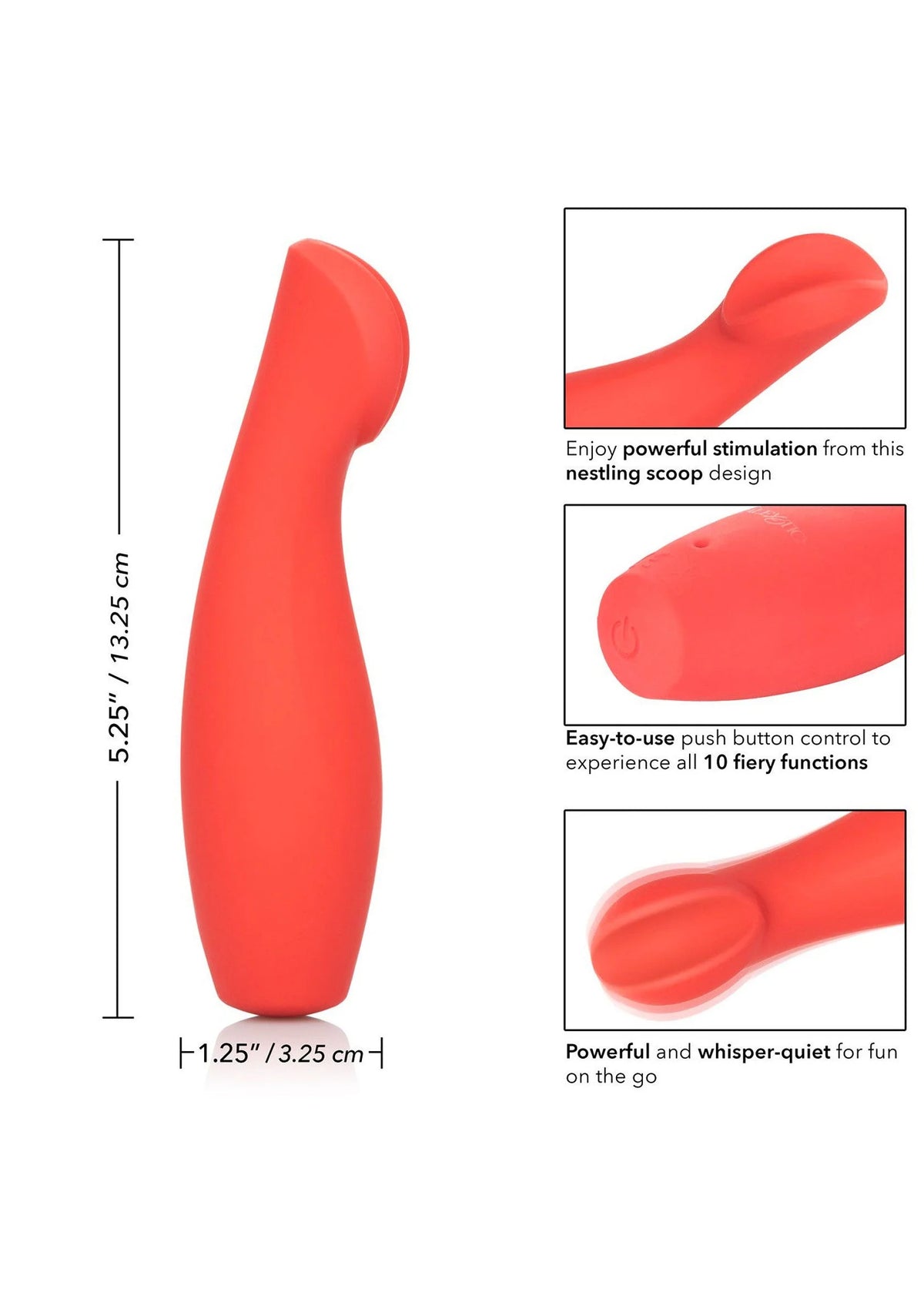 Rode siliconen vibrator met gebogen vorm en afgeronde kop, voor handbediening