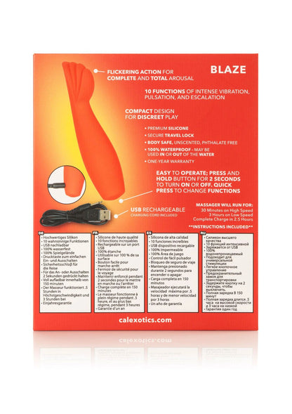 CalExotics Blaze verpakking achterzijde met rode siliconen trilmassager en USB