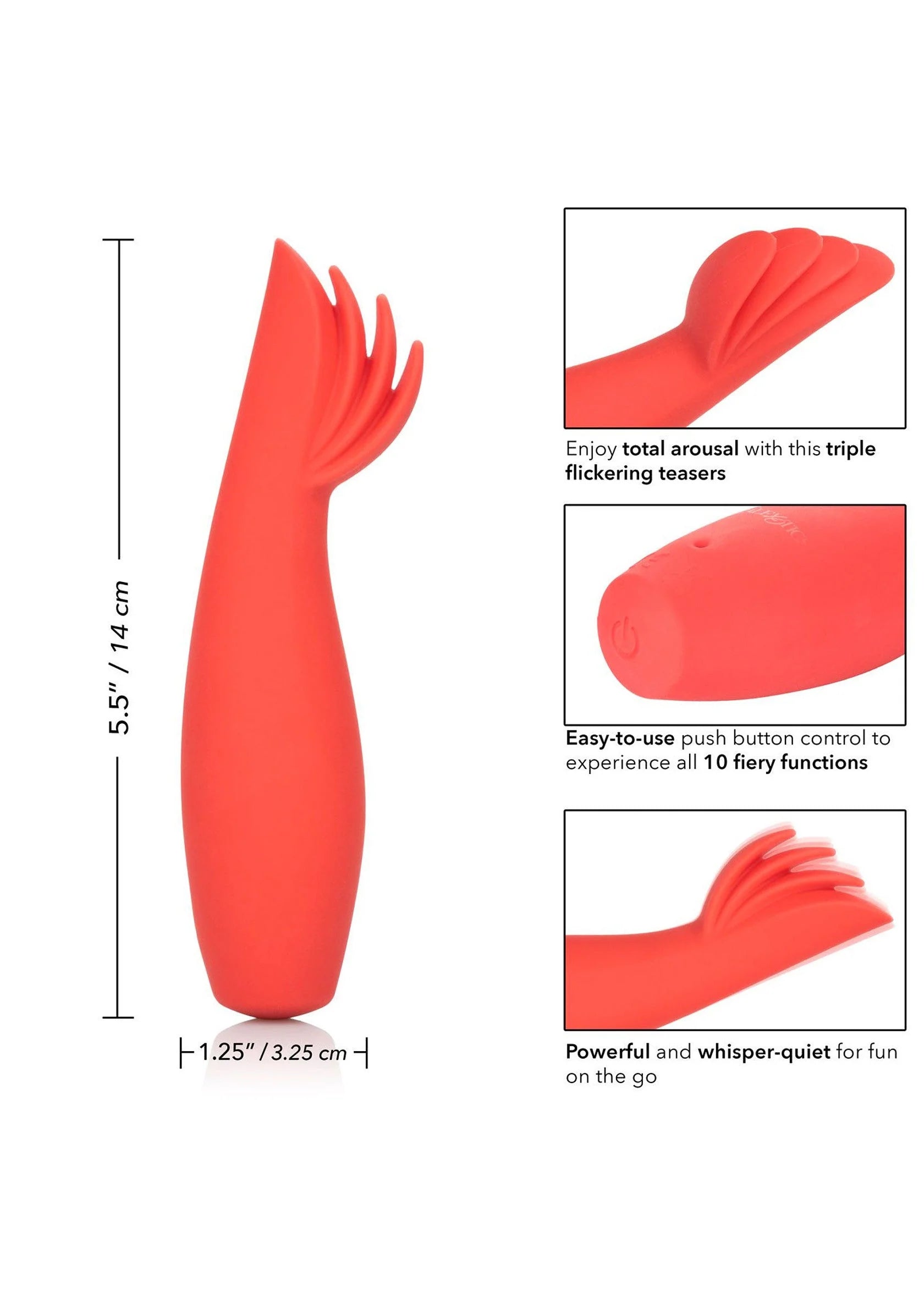 Rode CalExotics vibrator, slanke handgreep met knopbediening en opgegeven afmetingen.