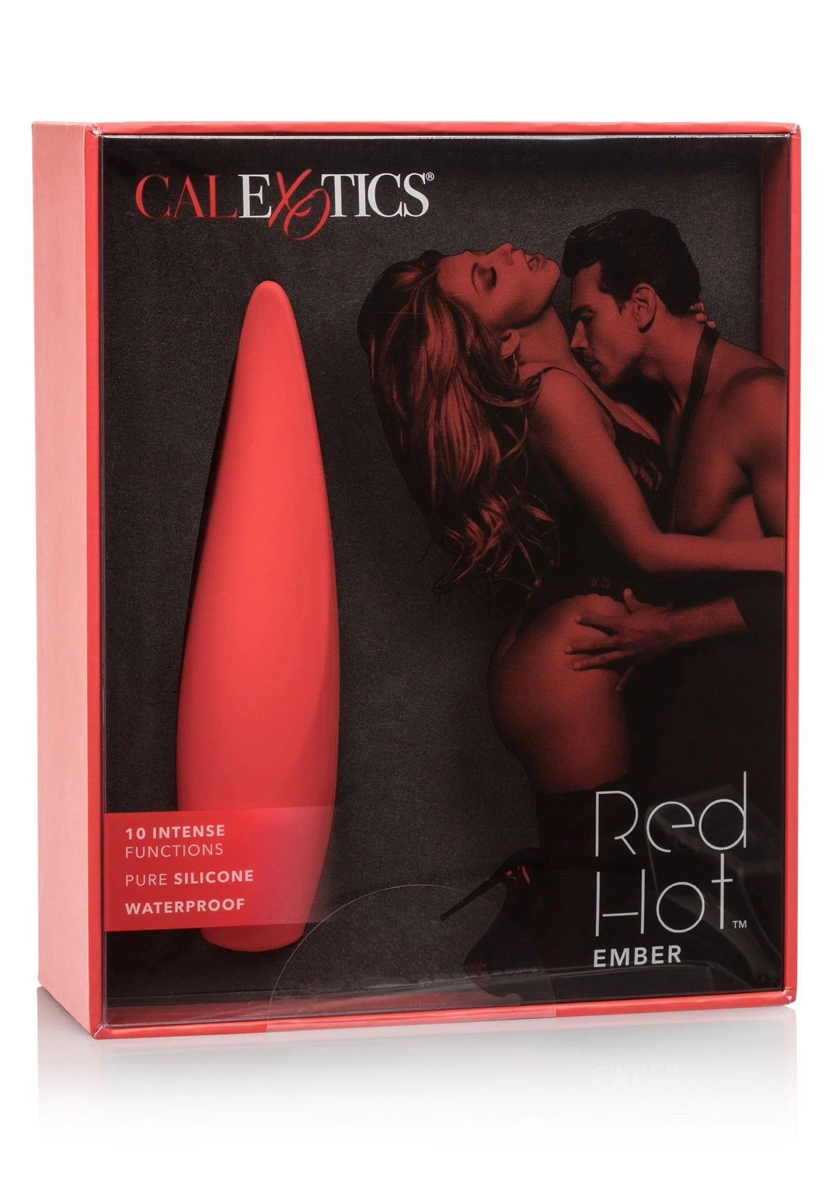 CalExotics verpakking met rode siliconen plug en waterdichte specificaties