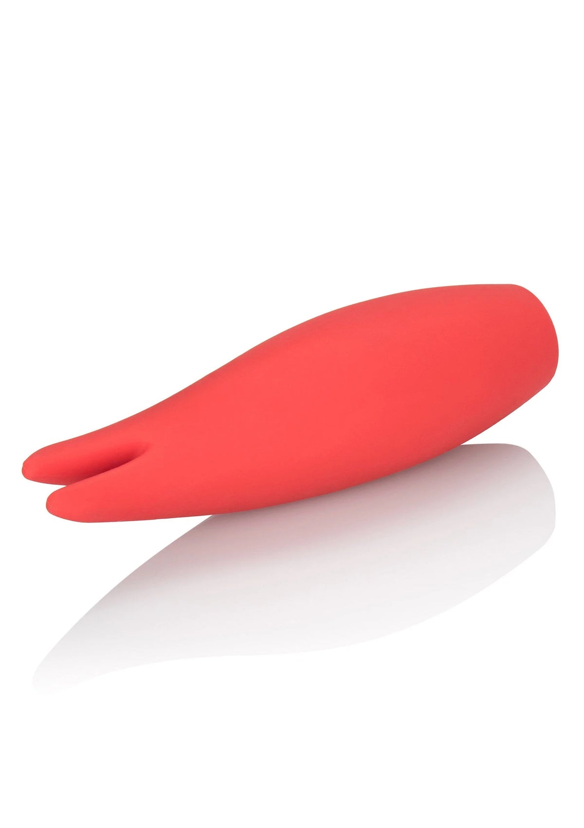 Rood siliconen seksspeeltje in profiel, ronde tip en brede basis.