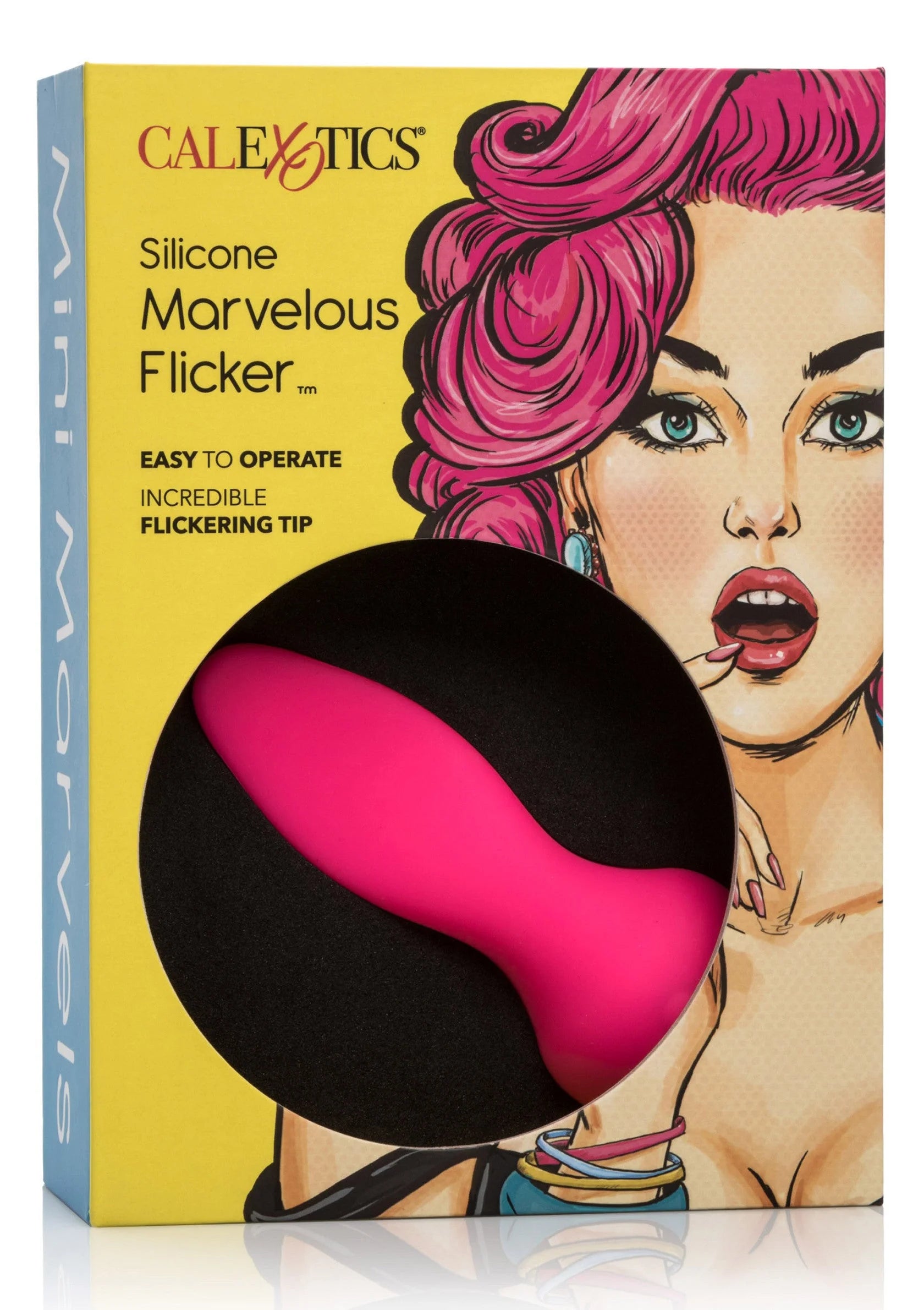 Doos van CalExotics met siliconen Marvelous Flicker en afbeelding van roze plug