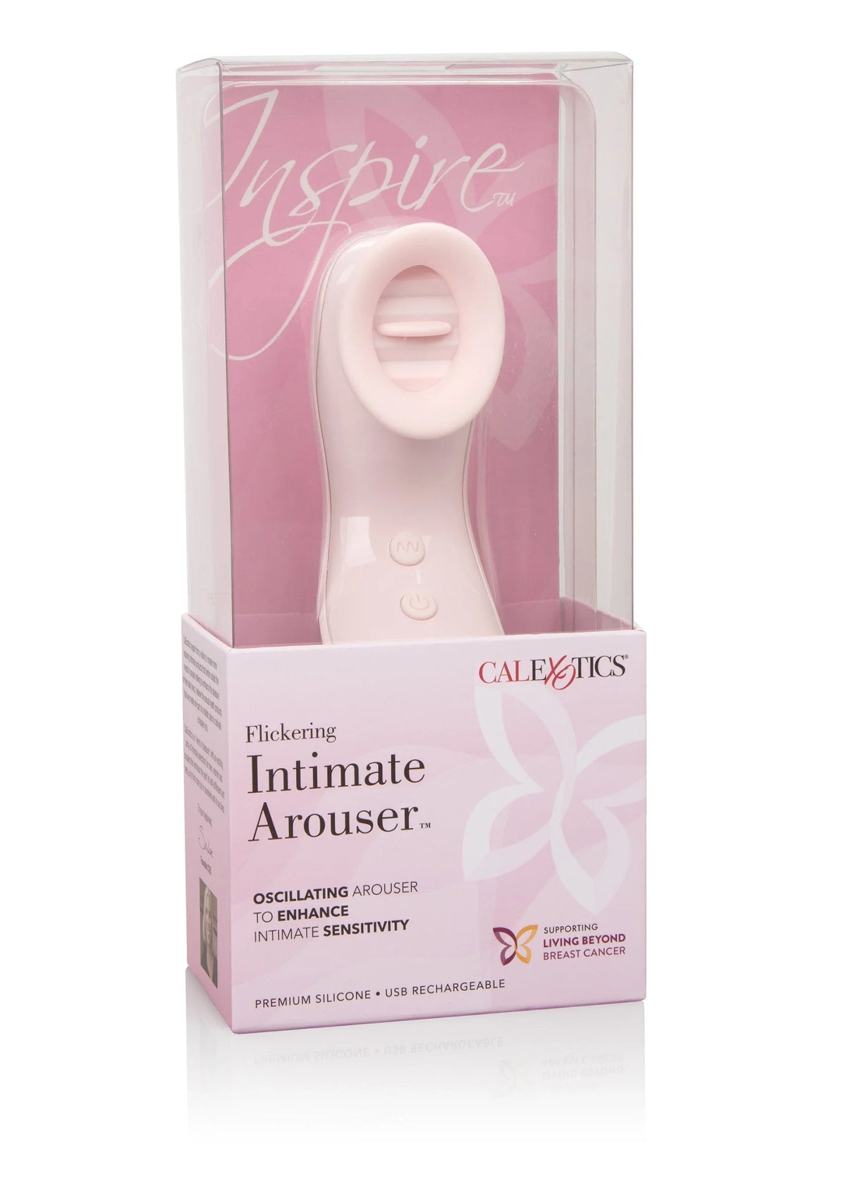 CalExotics doos: Inspire Flickering Intimate Arouser, met product in doorzichtig venster.