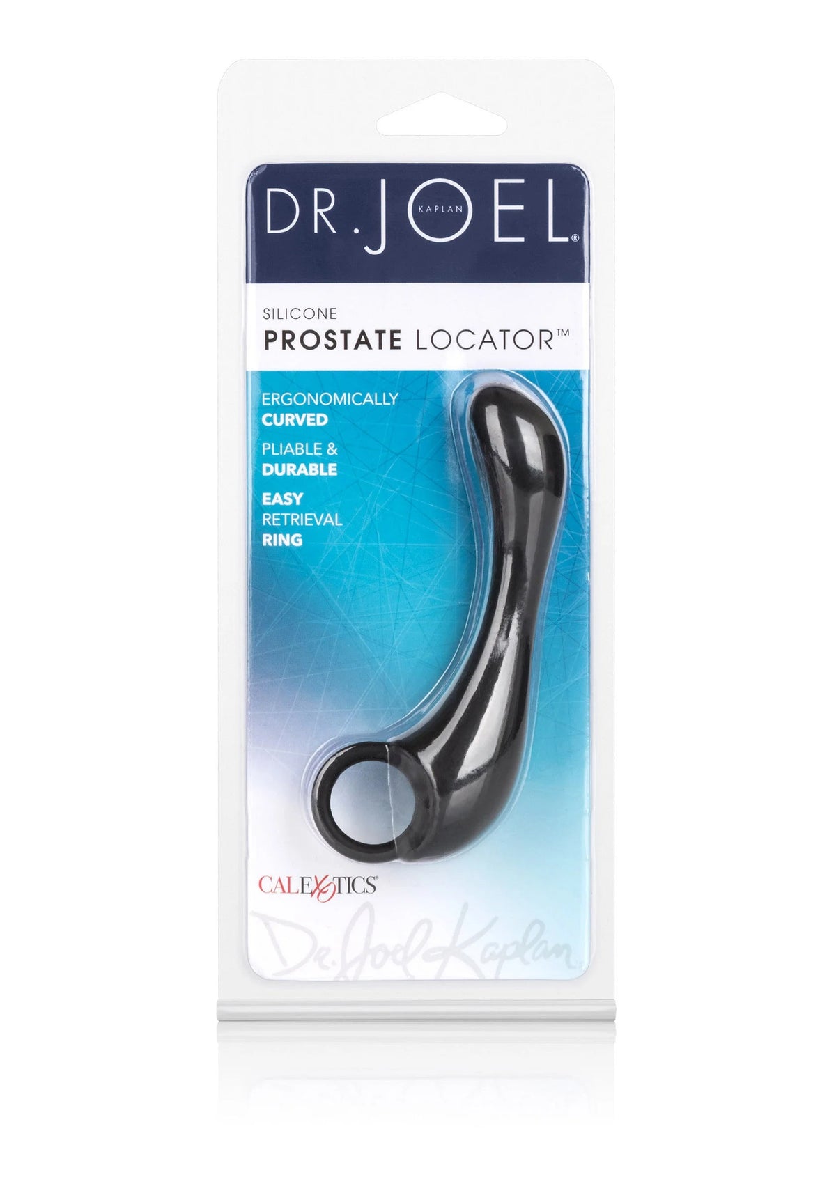 Verpakking met CalExotics Dr. Joel siliconen prostaatlocator in blister.