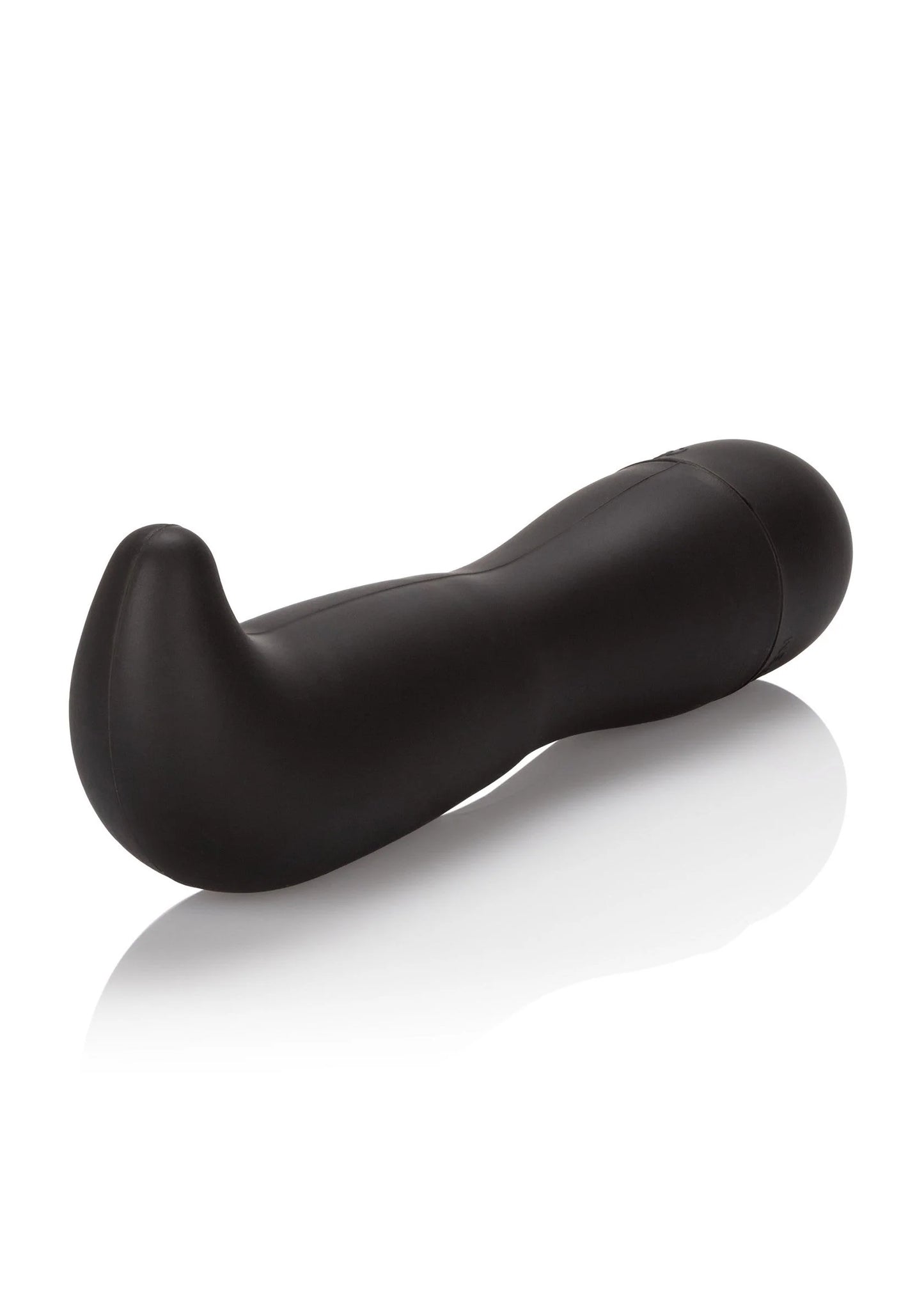Zwarte prostaatstimulator met breed gebogen vorm, glad oppervlak en ronde basis