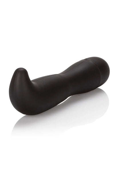 Zwarte prostaatstimulator met breed gebogen vorm, glad oppervlak en ronde basis