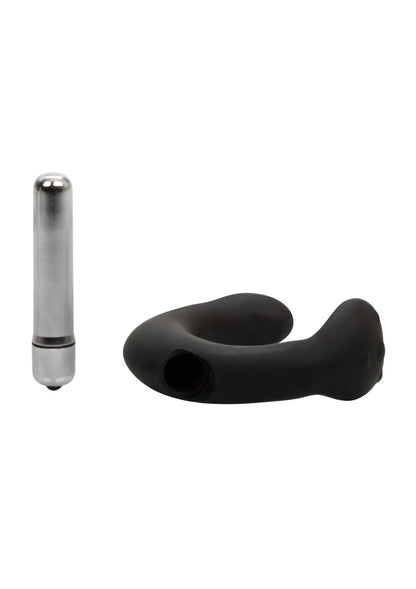 Zwarte prostaatmassager met metalen inzet en losse chromen cilinder