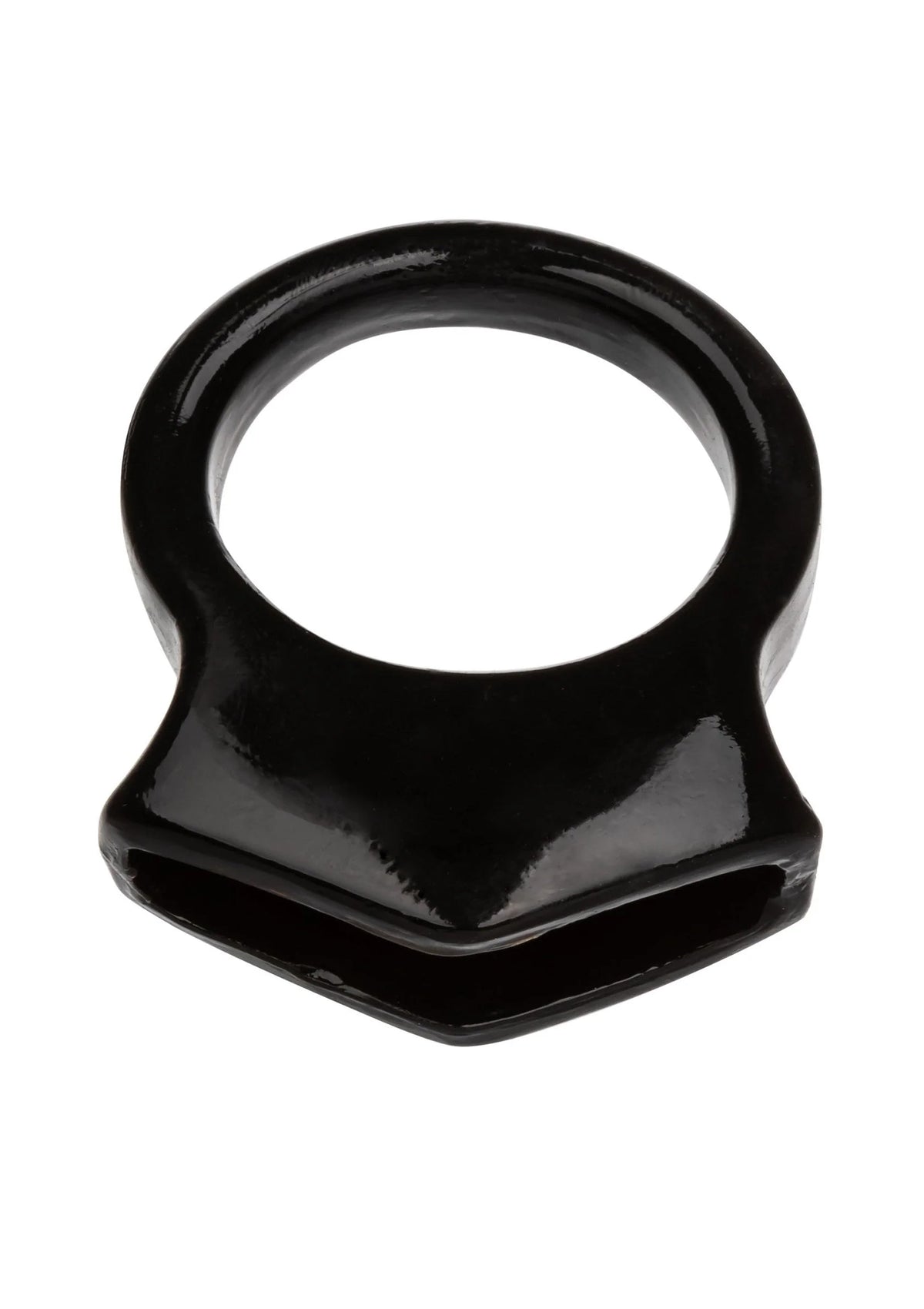 Zwarte cockring met brede basis en gladde, glanzende afwerking.