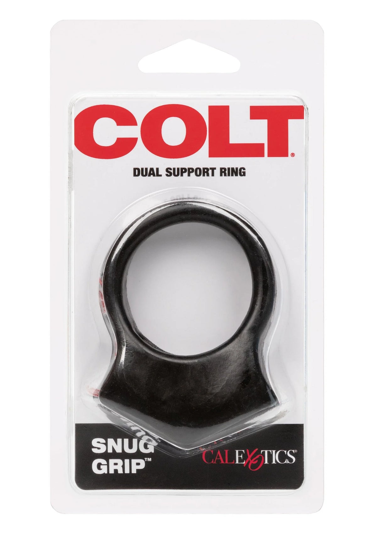 Verpakking van COLT dual support ring met zwarte cockring en label 'SNUG GRIP'.