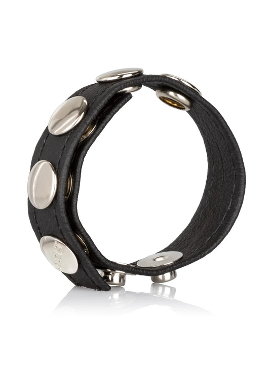 Zwarte leren band met vijf kliksluitingen en metalen ring voor bevestiging