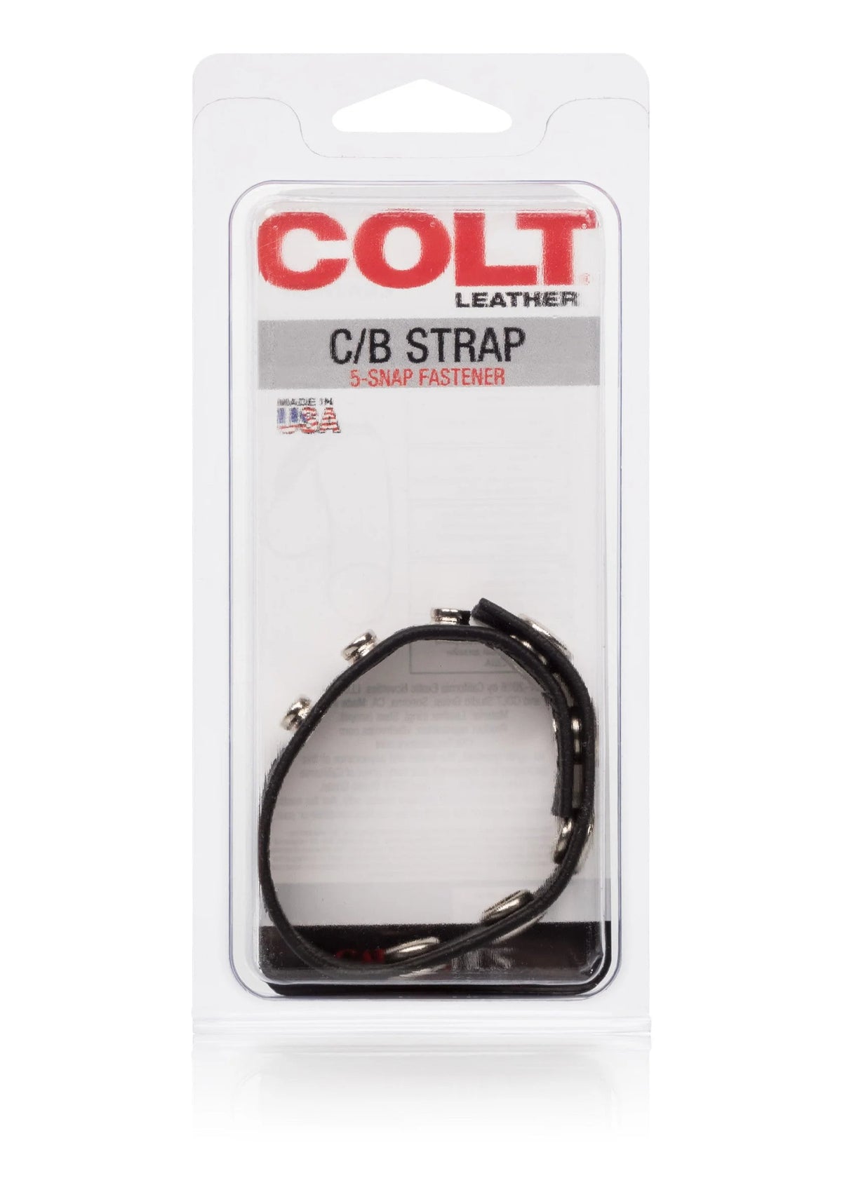 Zwarte leren C/B-strap met vijf kliksluitingen, in COLT verpakking