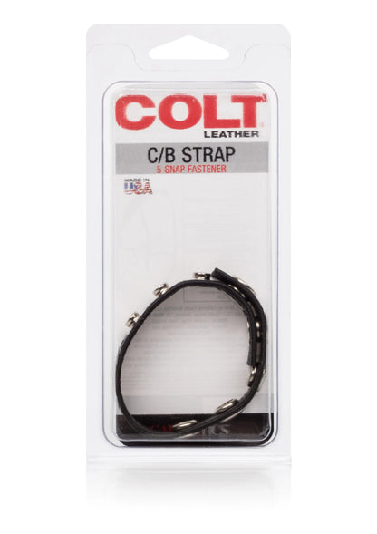 Zwarte leren C/B-strap met vijf kliksluitingen, in COLT verpakking