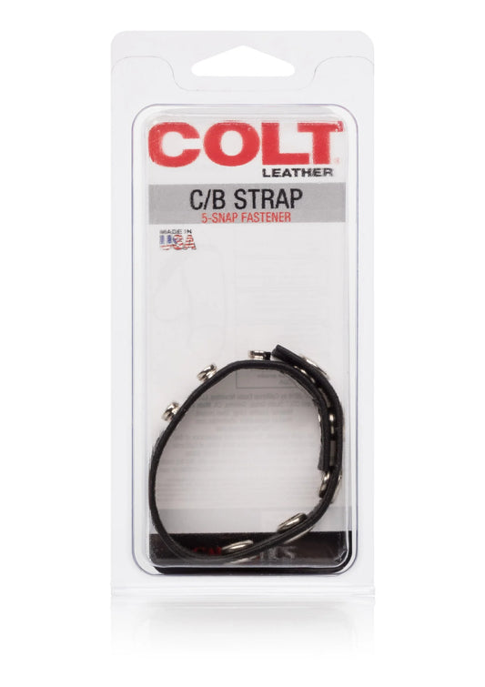 Zwarte leren C/B-strap met vijf kliksluitingen, in COLT verpakking