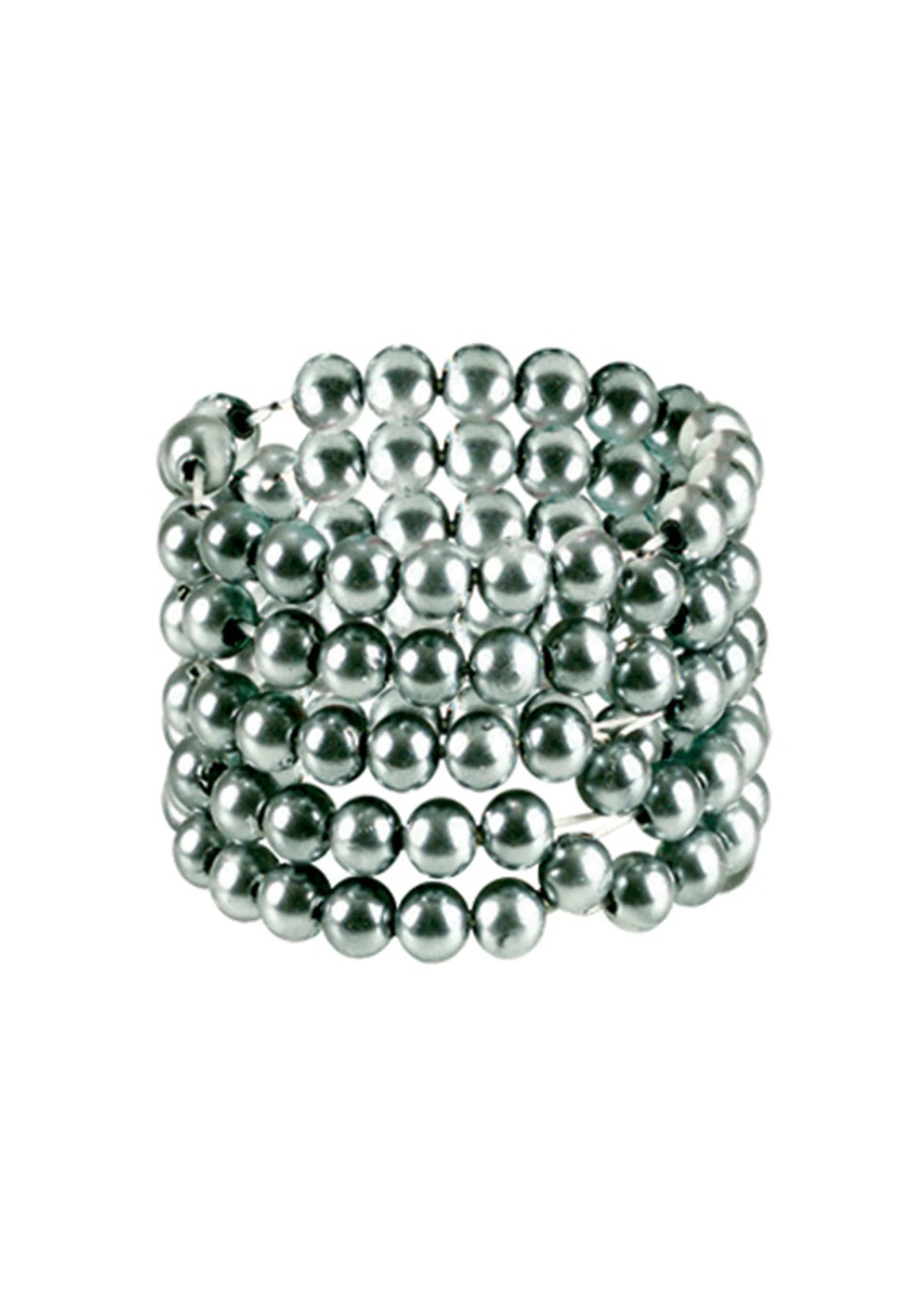 Kralenring met zilverkleurige metalen kralen, ronde rijen in compacte opgerolde vorm
