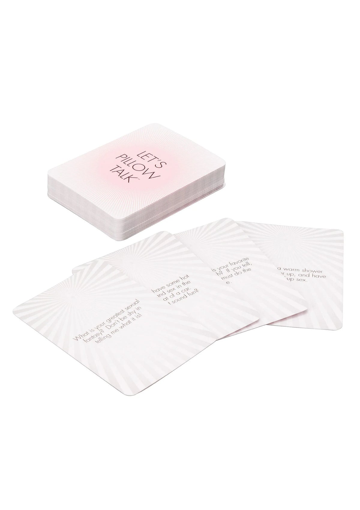 Gesprekskaartjes CalExotics, stapel en losse kaartjes met tekst 'Let’s Pillow Talk'