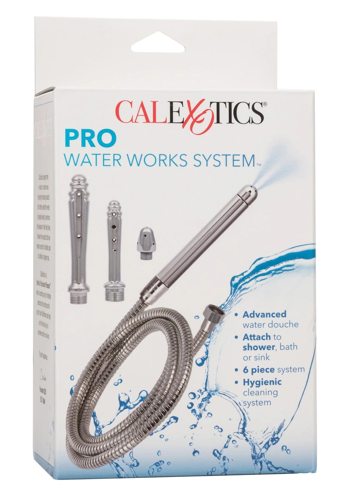 Verpakkingsdoos van CalExotics pro water works systeem met flexibele slang en accessoires