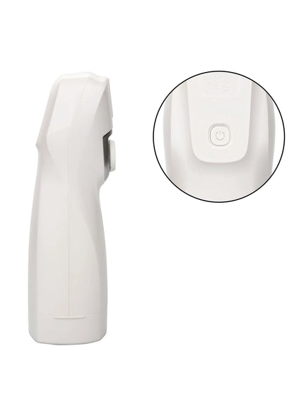 Witte stroker met zijkant, aan/uit-knop in detail en afgeronde vorm