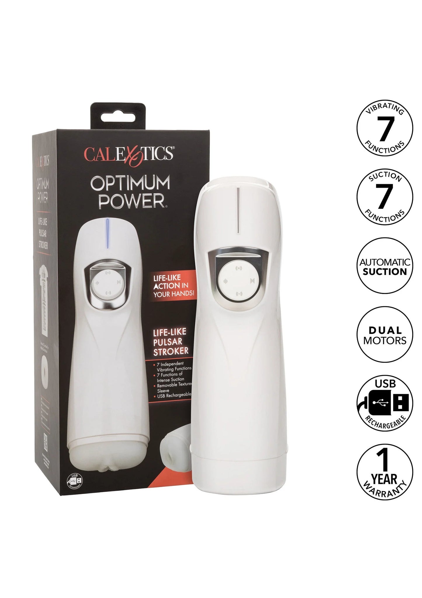 Witte pulsar-stroker met bedieningsknop, plus CALEXOTICS OPTIMUM POWER verpakking