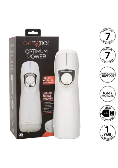 Witte pulsar-stroker met bedieningsknop, plus CALEXOTICS OPTIMUM POWER verpakking