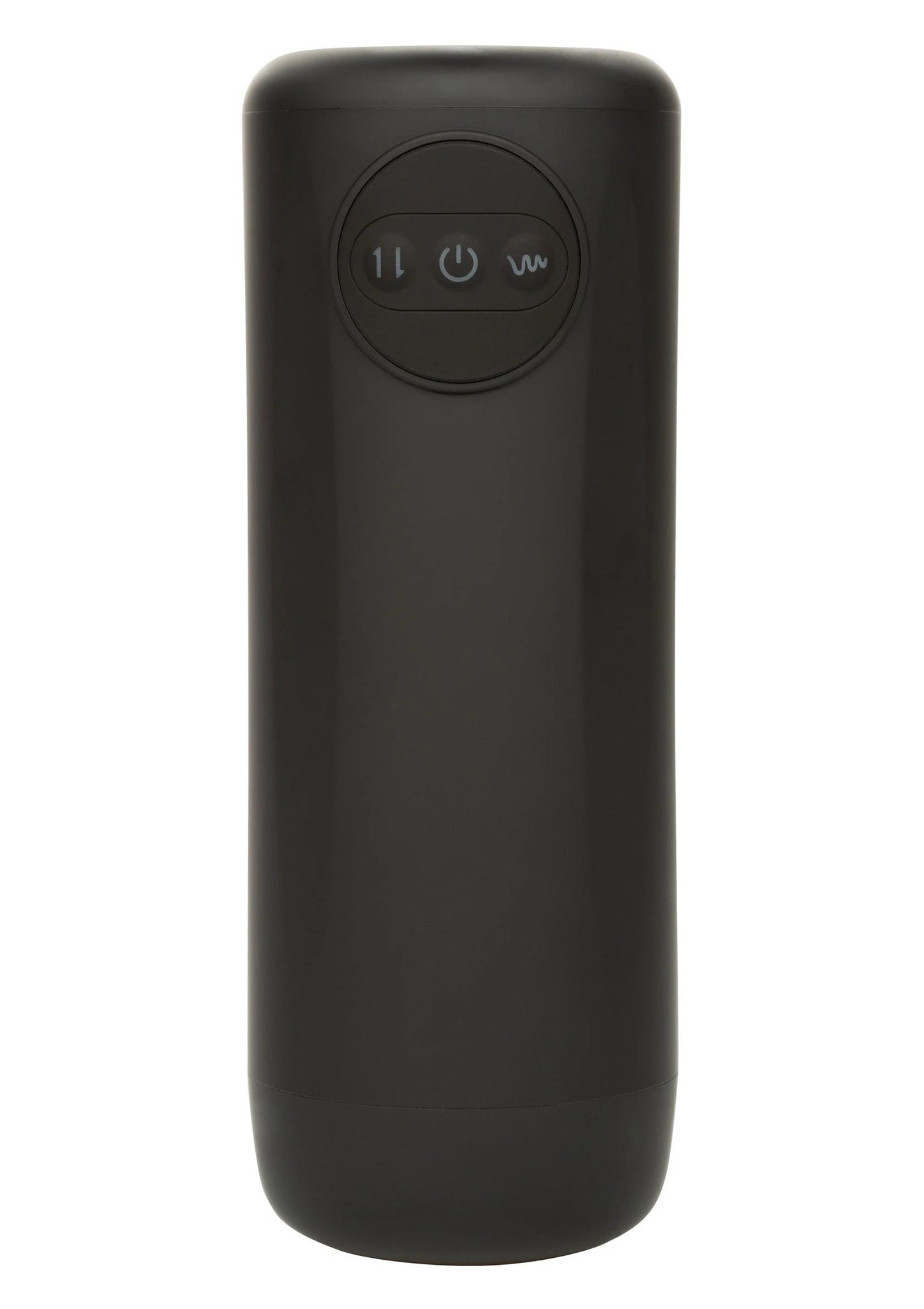Zwarte cilindervibrator met ronde bedieningsknoppen bovenop en aan/uit-indicatoren.