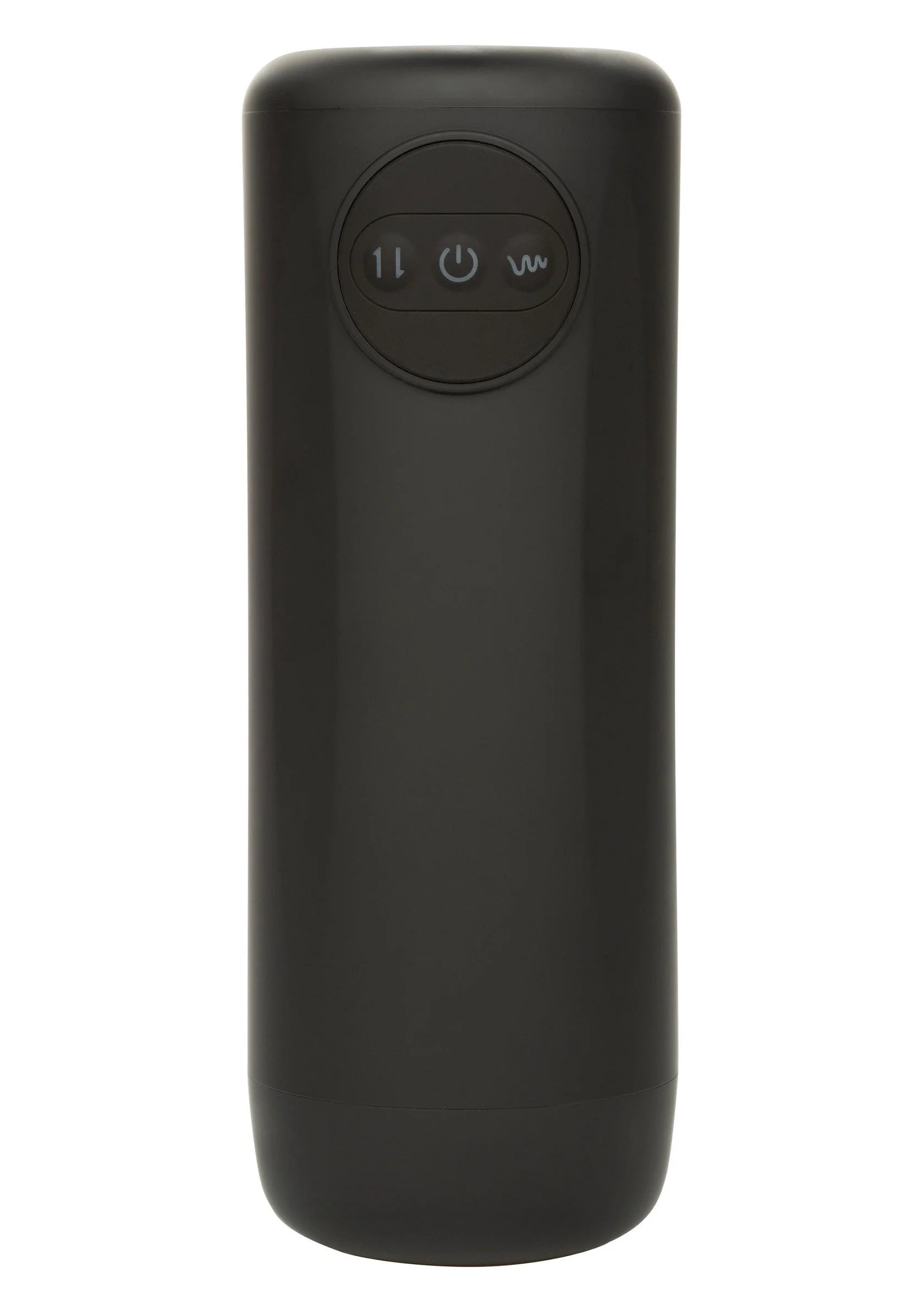 Zwarte cilindervibrator met ronde bedieningsknoppen bovenop en aan/uit-indicatoren.