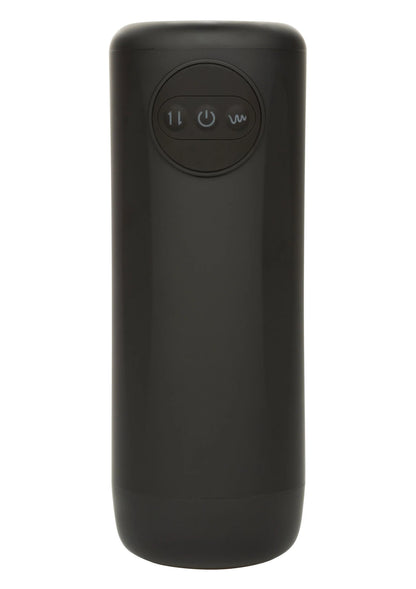 Zwarte cilindervibrator met ronde bedieningsknoppen bovenop en aan/uit-indicatoren.